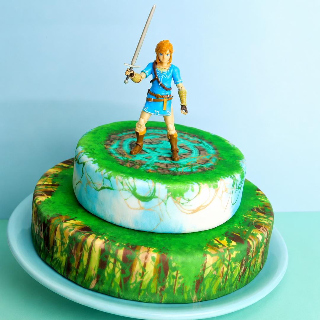 Link® auf zweistöckiger Waldruine-Torte