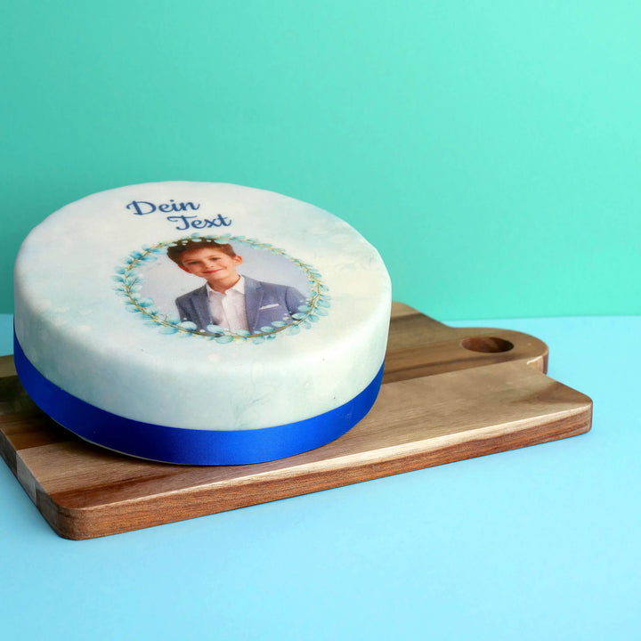 Blaue Eukalyptus Foto-Torte + individuelle Beschriftung