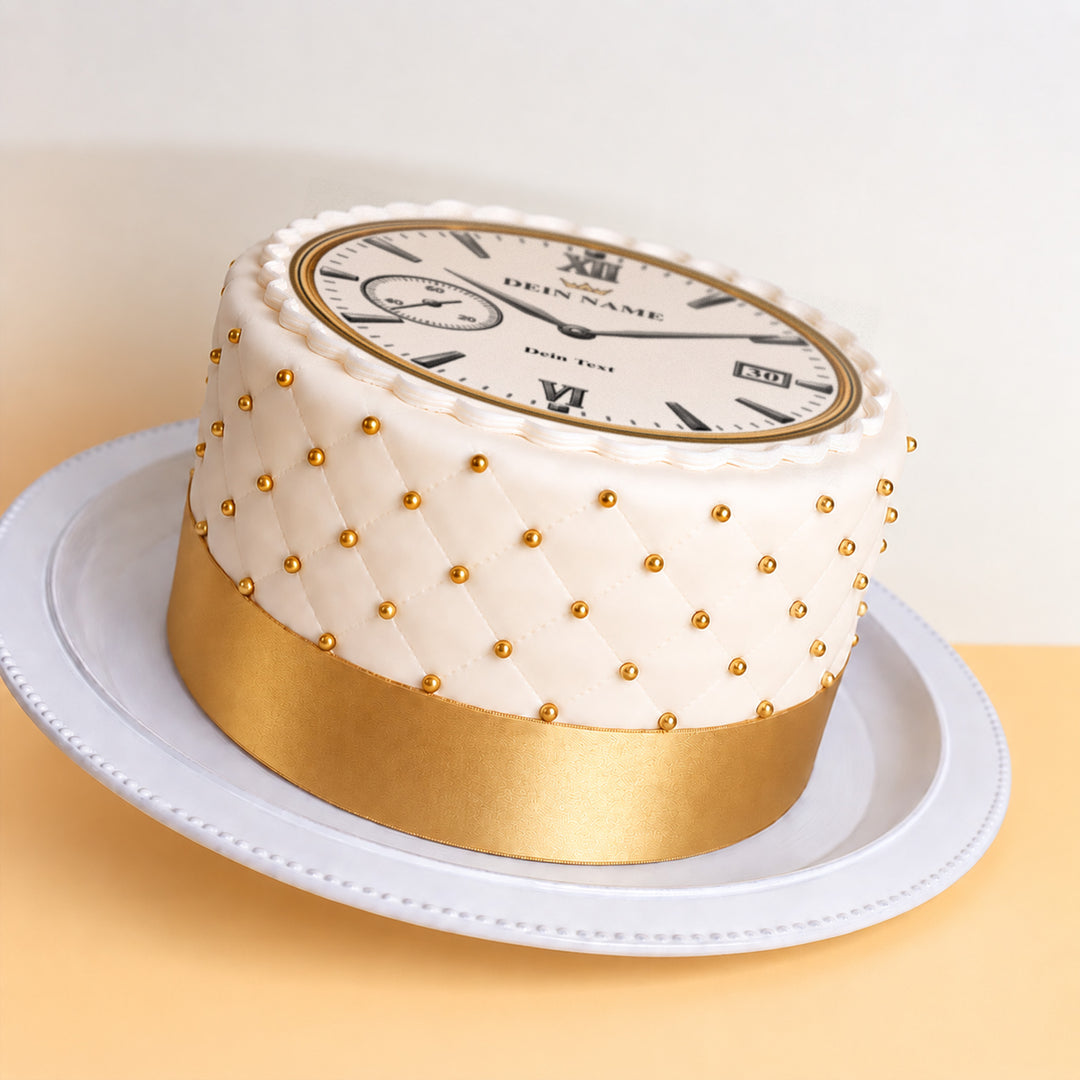 Luxusuhr-Torte Deluxe Weiß mit Wunschtext & Wunschzahl