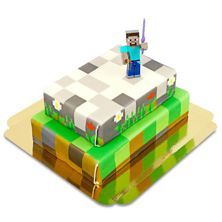 Minecraft®-Figur auf zweistöckiger Spielewelt-Torte