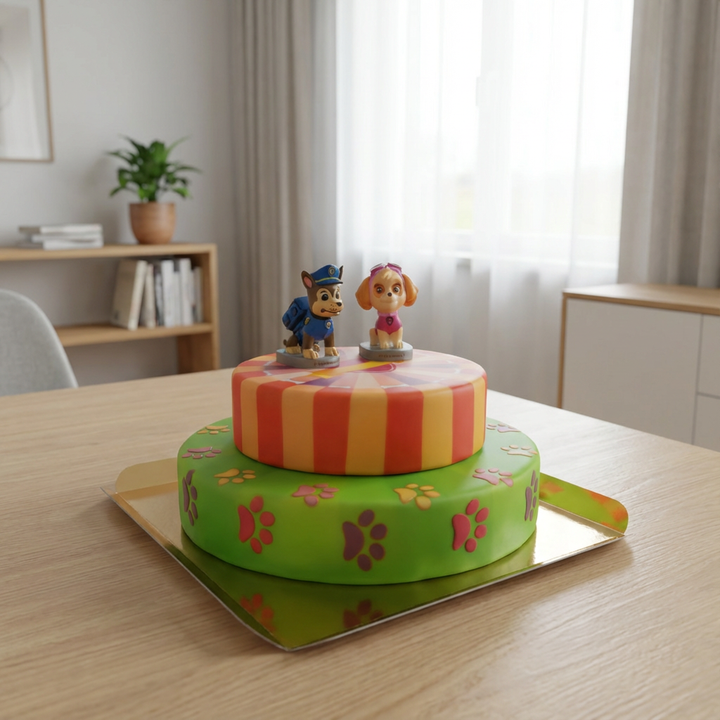 Paw Patrol® auf 2-stöckiger pinker Hundepfoten-Torte