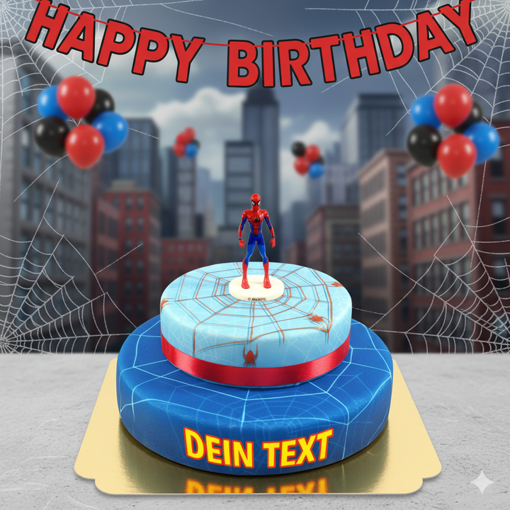 Spider-Man® auf zweistöckiger Spinnennetz-Torte mit Band