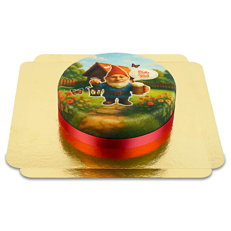 Gartenzwerg mit Lampe und Bier-Torte