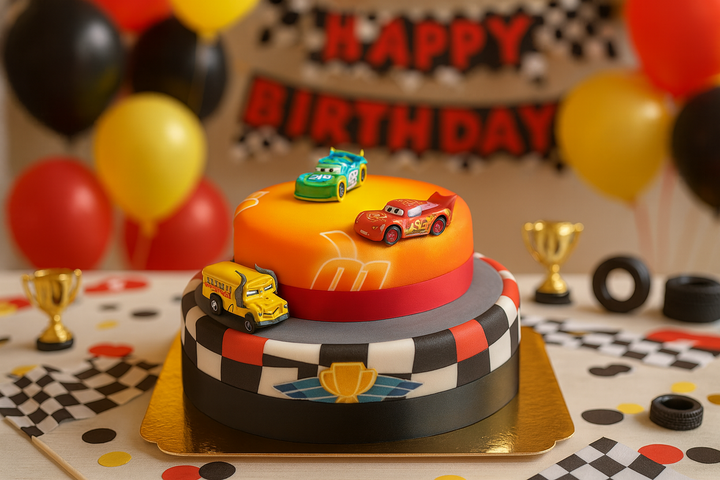 Cars® 2 - Lightning McQueen, Hook und Miss Fritter auf zweistöckiger Rennstrecke-Torte mit Band