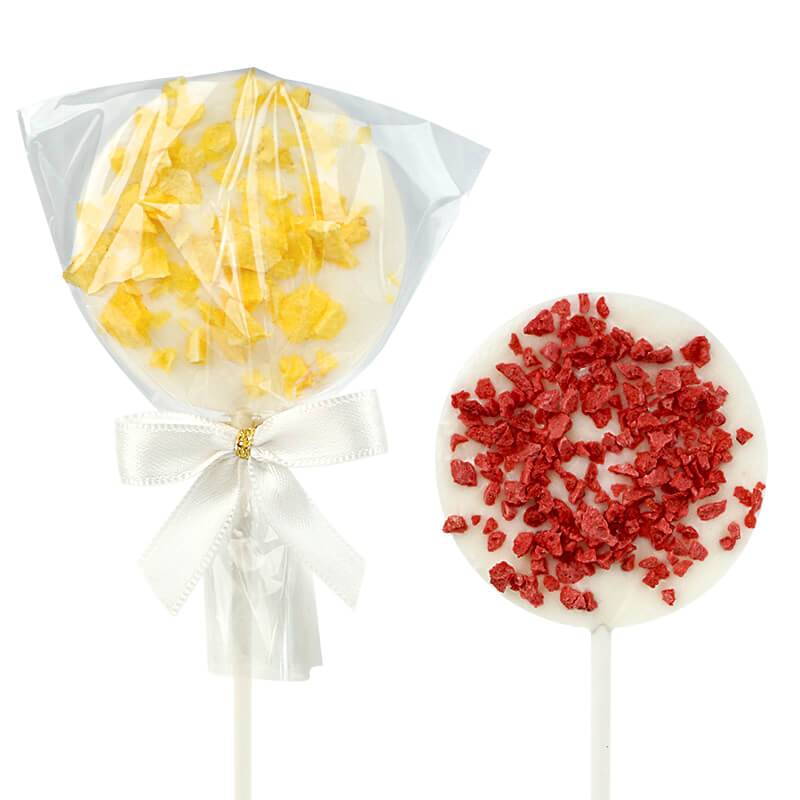 Weiße Lollis mit Erdbeer- und Orangencrisp (10 Stück)