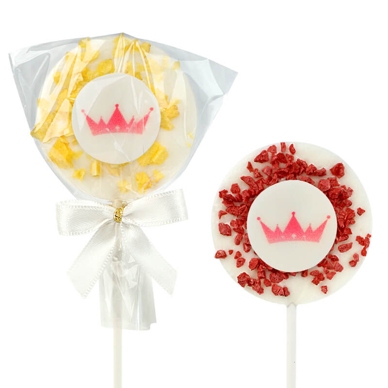 Weiße Lollis mit Erdbeer- und Orangencrisp mit Logo (10 Stück)