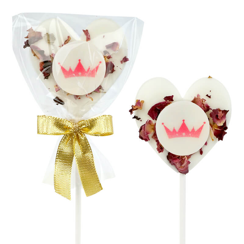 Weiße Herz-Lollis mit Rosenblüten mit Logo (10 Stück)