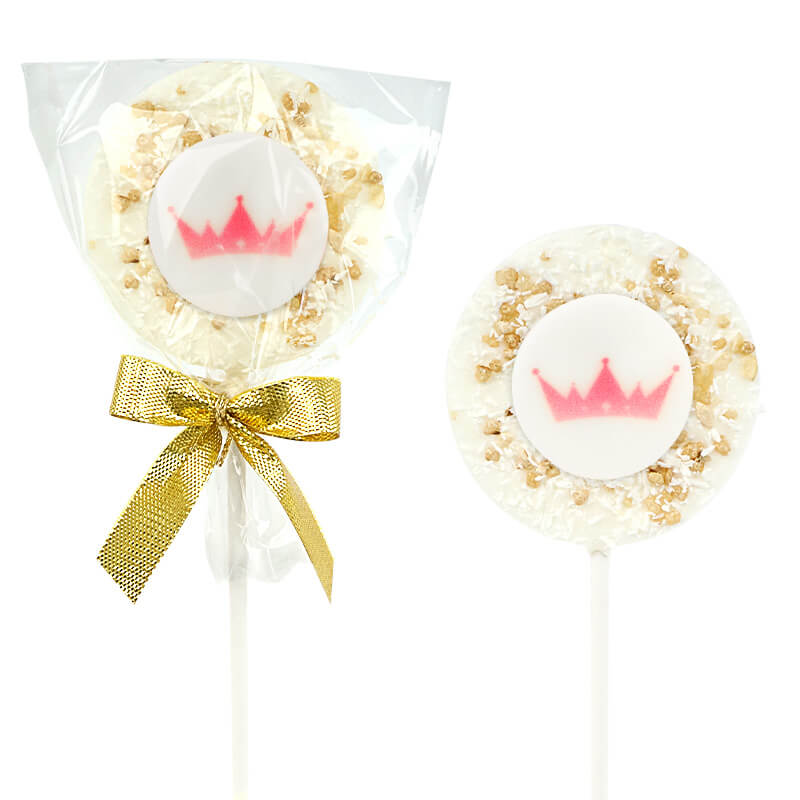 Weiße Lollis mit Mandelkrokant und Kokosflocken mit Logo (10 Stück)