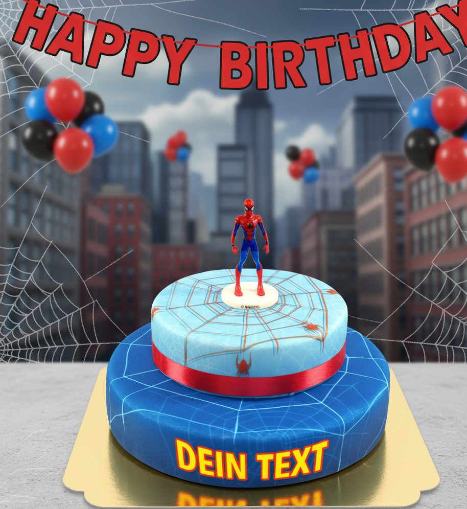 Spider-Man® auf zweistöckiger Spinnennetz-Torte mit Band