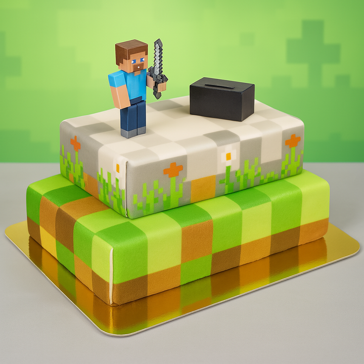 Minecraft®-Figur auf zweistöckiger Spielewelt-Torte