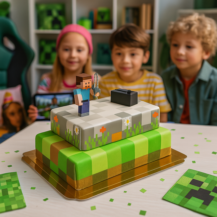 Minecraft®-Figur auf zweistöckiger Spielewelt-Torte