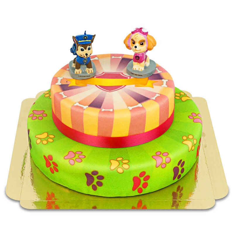 Paw Patrol® auf 2-stöckiger pinker Hundepfoten-Torte